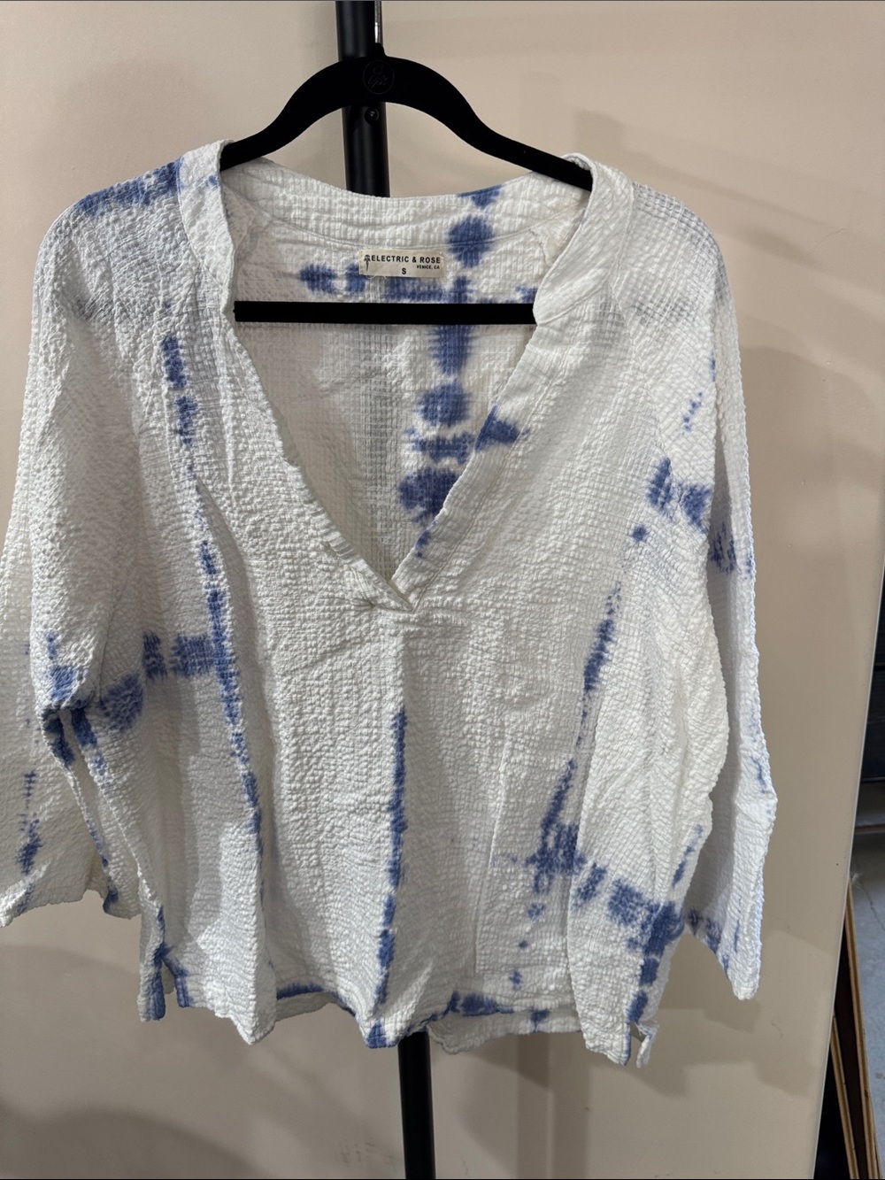 Electric & Rose White Gauze Top with Blue Tie-Dye Accents